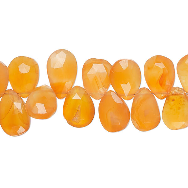 Bead, carnelian (dyed / heated), medium to dark, 10x7mm-12x8mm hand-cut top-drilled faceted puffed teardrop, B grade, Mohs hardness 6-1/2 to 7. Sold per 8-inch strand, approximately 55 beads. image number 0