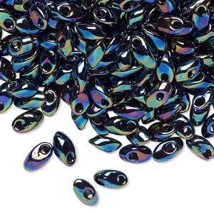 Seed bead, Miyuki, glass, pkg/250g, 7x4mm long magatama, opaque metallic iris variegated blue, (LMA-455).