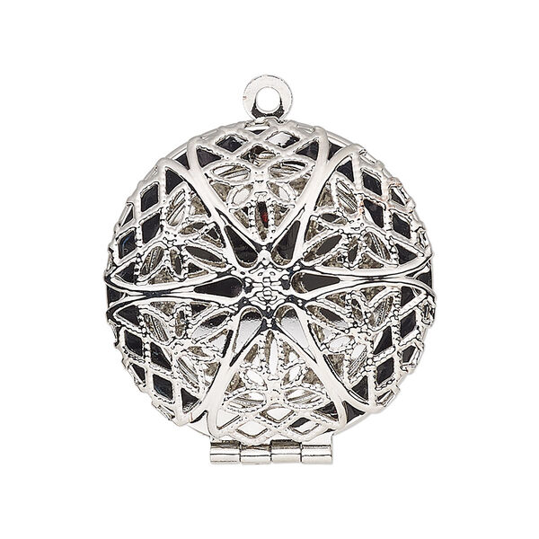 Drop, silver-finished brass, 28mm single-sided hinged round bead cage with cutout flower. Sold individually. image number 0