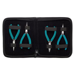 Pliers set, Wubbers® Baby, pkg/set of 4, chain-nose / round-nose / flat-nose / curved chain-nose, stainless steel and rubber, teal green, 4.625 to 4.75 inches with 7.5 x 6-inch case.