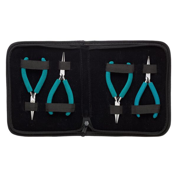 Pliers set, Wubbers® Baby, pkg/set of 4, chain-nose / round-nose / flat-nose / curved chain-nose, stainless steel and rubber, teal green, 4.625 to 4.75 inches with 7.5 x 6-inch case. image number 0
