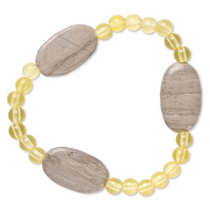 Bracelet, stretch, grey and cream marble (natural) and acrylic, yellow, 5mm round and 24x14mm-25x15mm flat oval, 6-1/2 inches. Sold individually.