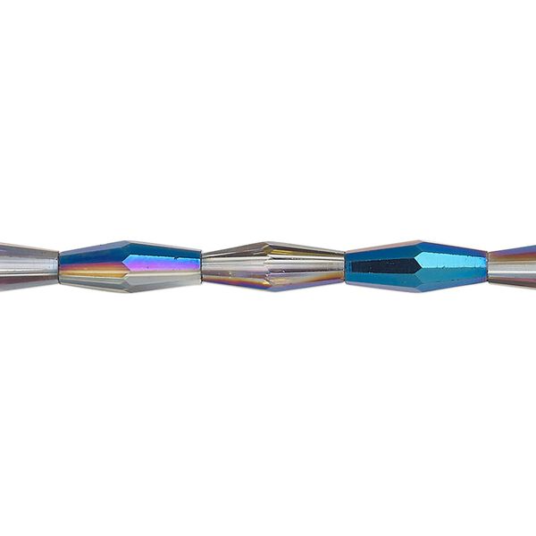 Bead, glass, crystal Bermuda blue, 12x4mm long bicone. Sold per 15-1/2 to 16-inch strand. image number 0