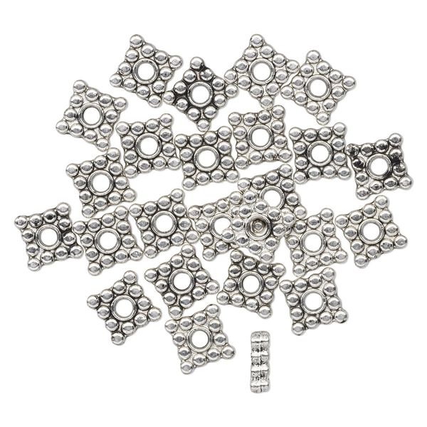 Bead, antiqued "pewter" (zinc-based alloy), 6x2mm beaded square rondelle with dots. Sold per pkg of 24. image number 0