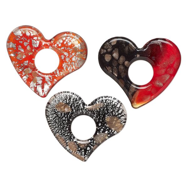 Random mix, lampworked glass, opaque to transparent mixed colors, 50x45mm-61x55mm heart go-go with silver-colored foil and copper-colored glitter. Sold per pkg of 3. image number 0