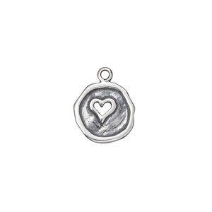 Drop, antiqued sterling silver, 12-13mm single-sided irregular round with cutout heart. Sold individually.