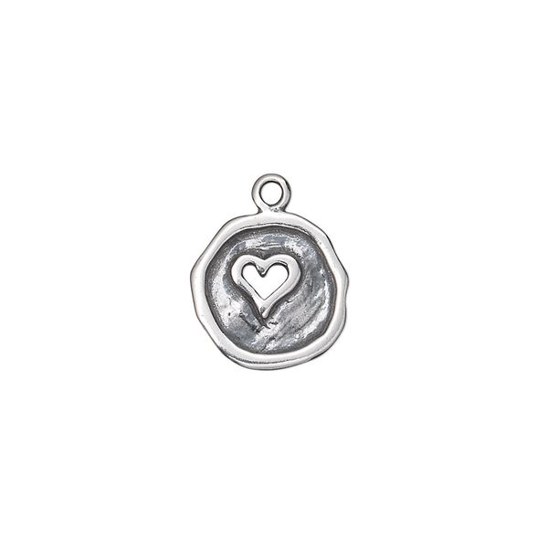 Drop, antiqued sterling silver, 12-13mm single-sided irregular round with cutout heart. Sold individually. image number 0