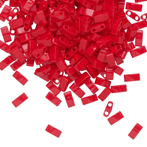 Seed bead, TILA®, glass, pkg/250g, 5x2.3mm half tila rectangle, opaque red, (HTL-408). image number 0
