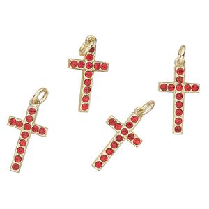 Drop, gold-finished "pewter" (zinc-based alloy) and glass, red, 17x10mm cross. Sold per pkg of 4.