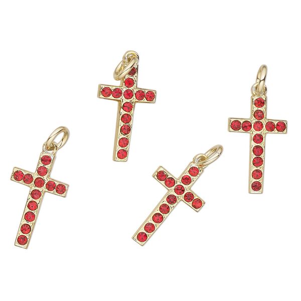 Drop, gold-finished "pewter" (zinc-based alloy) and glass, red, 17x10mm cross. Sold per pkg of 4. image number 0
