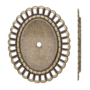 Mount, antique brass-finished brass, 37x30mm fancy oval with rope edge and 25x18mm oval setting. Sold per pkg of 6.