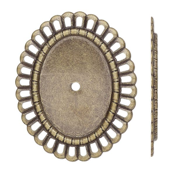 Mount, antique brass-finished brass, 37x30mm fancy oval with rope edge and 25x18mm oval setting. Sold per pkg of 6. image number 0