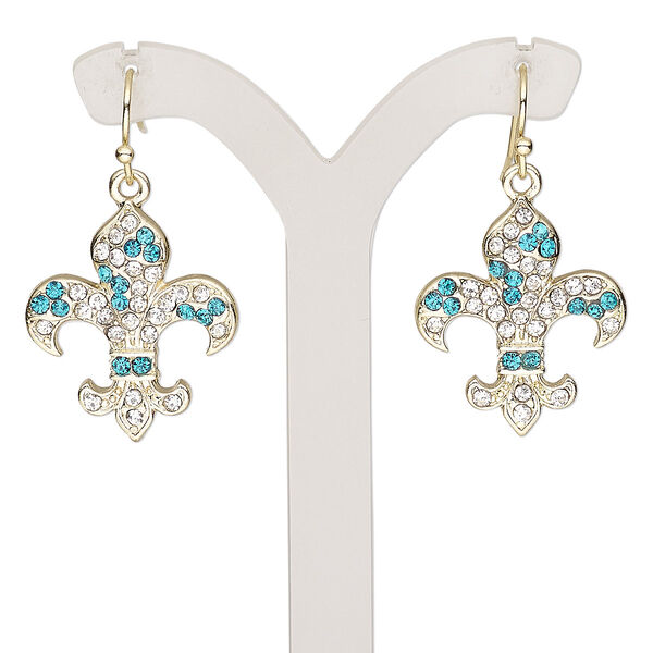 Earring, glass rhinestone with gold-finished brass and "pewter" (zinc-based alloy), clear and teal, 35mm with fleur-de-lis and fishhook ear wire. Sold per pair. image number 0