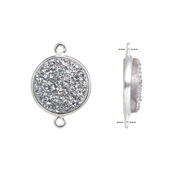 Link, titanium- / electro-coated druzy agate (coated) / sterling silver, antique silver, 15mm hand-cut single-sided flat round. Sold individually. image number 0