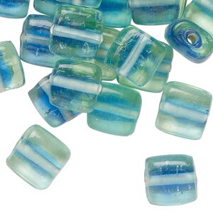 Bead, glass, translucent green and blue, 11mm puffed square. Sold per pkg of 50, approximately 45 beads.