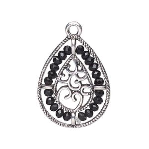 Drop, antique silver-finished "pewter" (zinc-based alloy), black, 27.5 x 21.5mm teardrop with hearts and beaded border. Sold per pkg of 2.