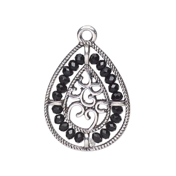 Drop, antique silver-finished "pewter" (zinc-based alloy), black, 27.5 x 21.5mm teardrop with hearts and beaded border. Sold per pkg of 2. image number 0