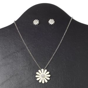 Necklace and earring set, crystals / enamel / imitation rhodium-finished "pewter" (zinc-based alloy) and steel, cream and crystal clear, 29mm flower, 16 inches with 3-inch extender chain and lobster claw clasp, 13mm earrings with post. Sold per set.