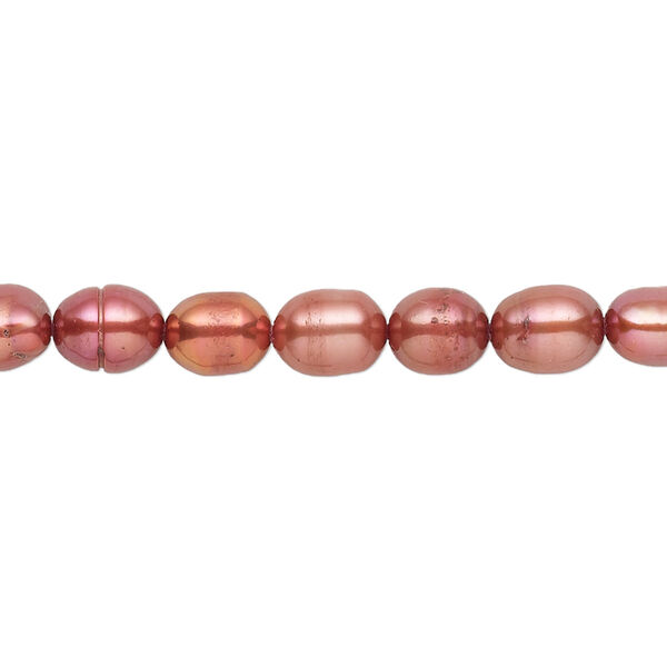 Pearl, cultured freshwater (dyed), fruit punch, 5x3mm-6x4mm rice with 0.4-0.6mm hole, D grade, Mohs hardness 2-1/2 to 4. Sold per 15-inch strand. image number 0
