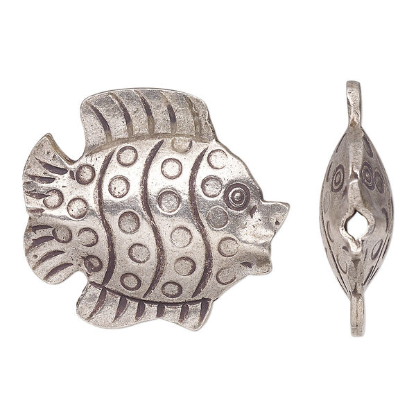 Bead, Hill Tribes, antiqued sterling silver, 28x26mm double-sided fish. Sold individually. image number 0