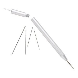 Awl and needle threader, steel / aluminum / plastic, 5-1/2 x 1/4 inches with (4) 31-50mm needles and knurled grip. Sold individually.
