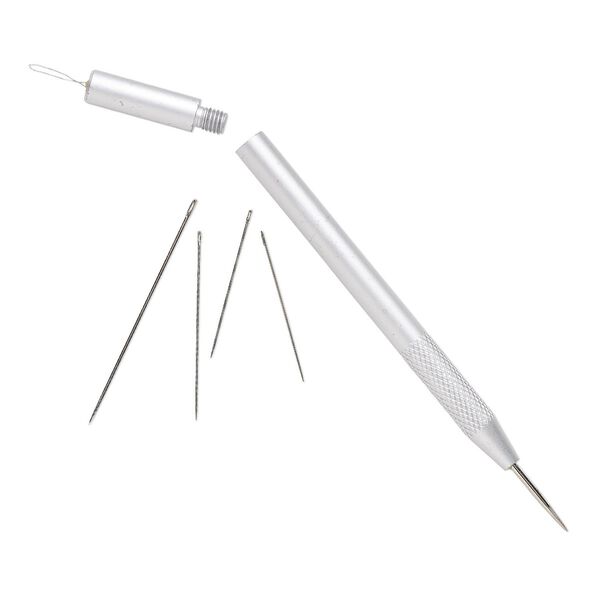 Awl and needle threader, steel / aluminum / plastic, 5-1/2 x 1/4 inches with (4) 31-50mm needles and knurled grip. Sold individually. image number 0