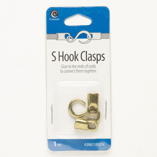 Clasp, S-hook, brass, pkg/1, antique gold finish, 24x8mm with glue-in cord ends, 5mm inner diameter. image number 0