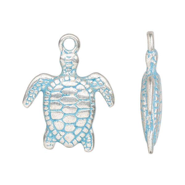 Charm, antique silver-finished pewter (tin-based alloy), blue patina, 24x22mm double-sided turtle. Sold per pkg of 2. image number 0