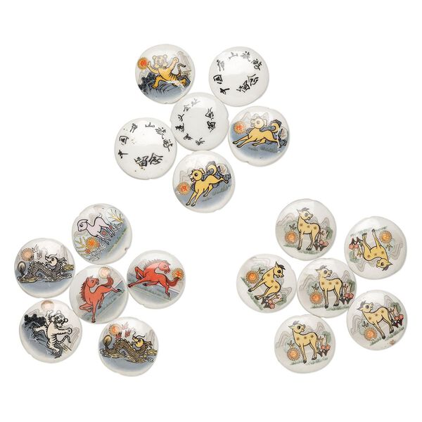 Bead mix, porcelain, white and multicolored, 38-41mm double-sided puffed flat round with Chinese characters and Chinese zodiac decal. Sold per pkg of (3) 9-inch strands. image number 0