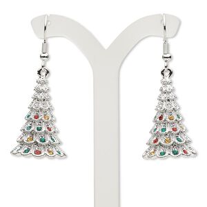 Earring, Czech glass rhinestone and imitation rhodium-plated "pewter" (zinc-based alloy), red / green / yellow, 1-7/8 inches with Christmas tree and fishhook ear wire. Sold per pair.