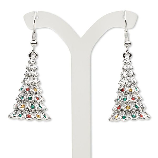 Earring, Czech glass rhinestone and imitation rhodium-plated "pewter" (zinc-based alloy), red / green / yellow, 1-7/8 inches with Christmas tree and fishhook ear wire. Sold per pair. image number 0