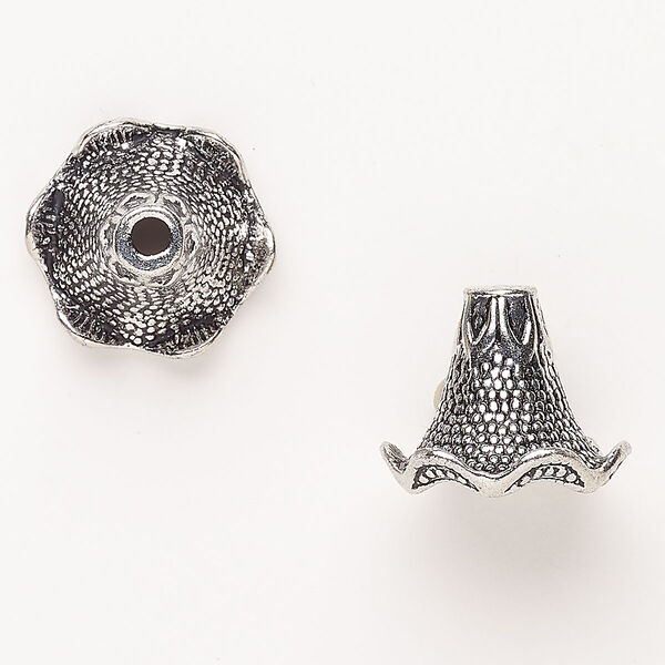 Cone, "pewter" (zinc-based alloy), pkg/2, 22x18mm textured bellflower, antique silver finish. image number 0