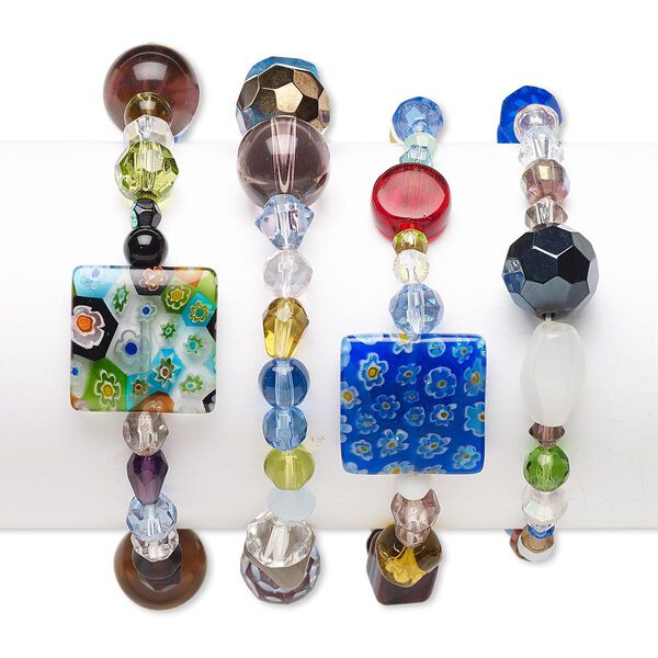 Bracelet mix, stretch, glass, mixed colors, 4mm-18mm multi-shape, 6-1/2 inches. Sold per pkg of 4. image number 0