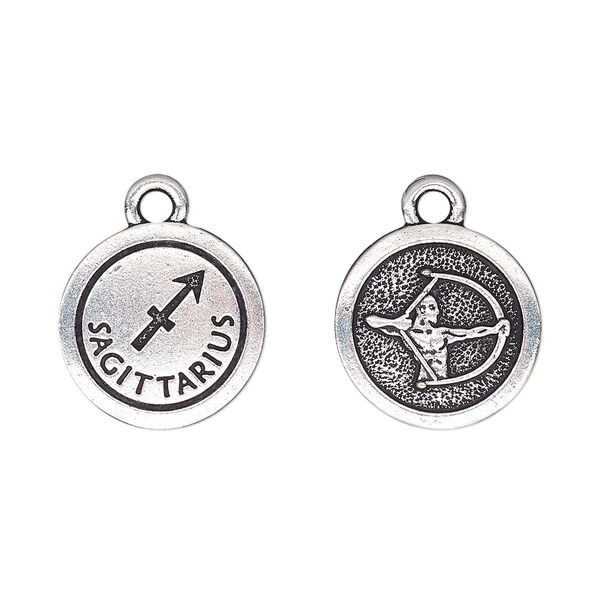 Charm, TierraCast®, antique silver-plated pewter (tin-based alloy), 15mm two-sided flat round with Sagittarius zodiac sign and symbol. Sold per pkg of 20. image number 0