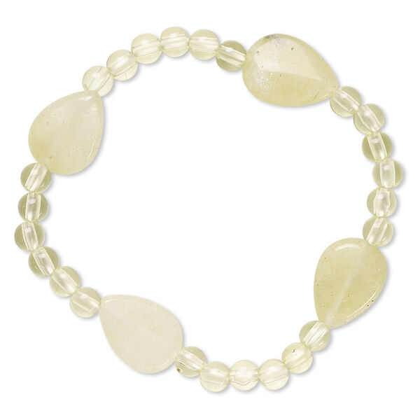 Bracelet, stretch, quartz (dyed) and acrylic, yellow-green and light yellow-green, 5mm round and 18x13mm-19x14mm flat teardrop, 7 inches. Sold individually. image number 0