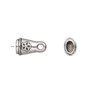 Cord end, glue-in, antique silver-finished "pewter" (zinc-based alloy), 14.5x8.5x6mm flower, 5x3mm inside diameter. Sold per pkg of 4.