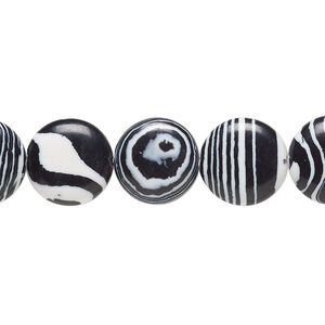 Bead, resin, black and white, 12mm flat round. Sold per 15" to 16" strand.