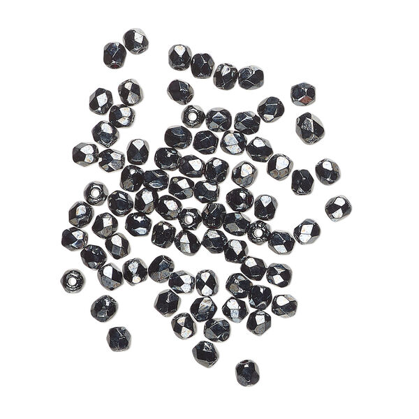 Bead, Czech fire-polished glass 1pkg80, opaque hematite, 2.4-2.6mm faceted round. image number 0