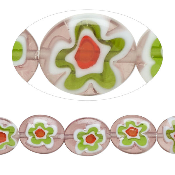 Bead, millefiori glass, translucent purple and multicolored, 11x9mm-12x10mm puffed oval with flower design. Sold per 14-inch strand, approximately 30 beads. image number 0