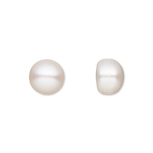 Pearl, White Lotus™, cultured freshwater (bleached), white, 10mm half-drilled button, B grade, Mohs hardness 2-1/2 to 4. Sold per pair.