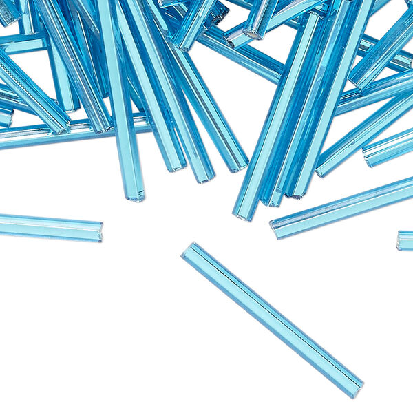 Bugle bead glass 1pk 1 inch round tube, 50 gram translucent silver-lined aquamarine image number 0