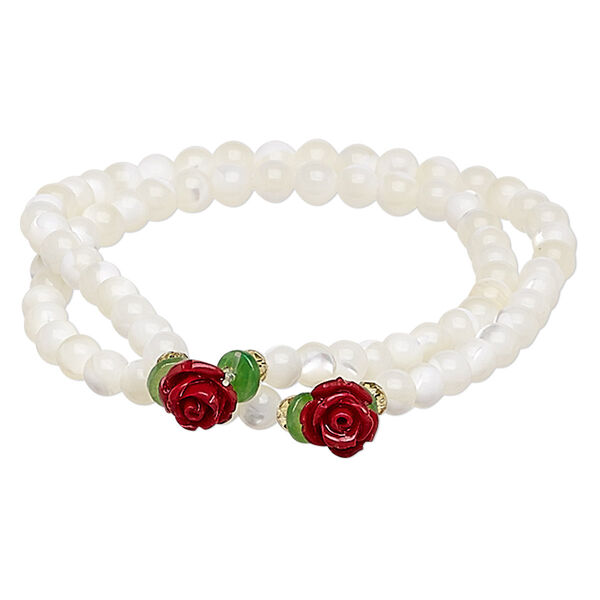 Bracelet, stretch wrap, mother-of-pearl shell (bleached) / glass / resin, multicolored, 5mm round and 8mm rose, 6-1/2 inches. Sold individually. image number 0