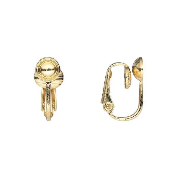 Earring clip-on 1pkg100 gold-plated, 16mm hinged / 6mm grooved cup / 6mm round setting, steel 50 pair image number 0
