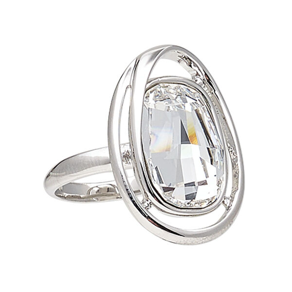 Ring, crystals and rhodium-plated "pewter" (zinc-based alloy), crystal clear, 31x24mm oval with rectangle, size 10. Sold individually. image number 0