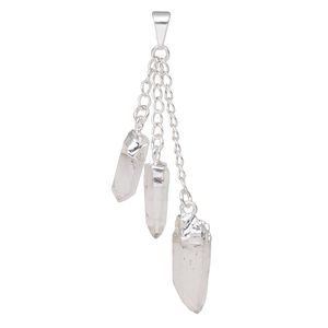 Pendant, Everyday Jewelry, silver-plated brass and quartz crystal (natural), (3) 49-51mm dangling points. Sold individually.