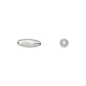 Bead, silver-plated brass, 12x4.5mm corrugated oval. Sold per pkg of 100.