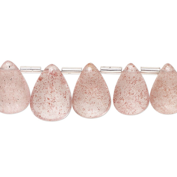 Bead, strawberry quartz (natural), 11x9mm-15x10mm hand-cut graduated flat teardrop, B grade, Mohs hardness 7. Sold per 8-inch strand, approximately 24 beads. image number 0