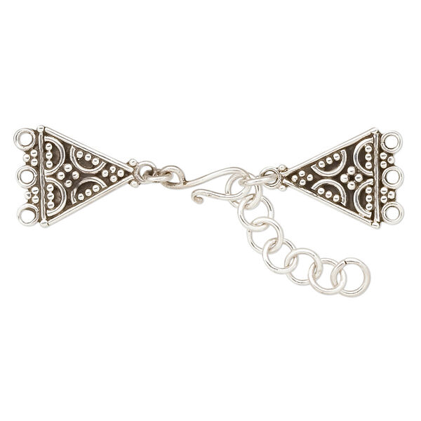 Clasp, 3-strand hook, antiqued sterling silver, 45x14mm triangle with 1-inch extender chain. Sold individually. image number 0