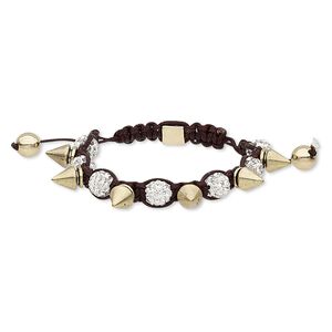 Bracelet, glass rhinestone / nylon / polymer clay / gold- / antique gold-finished "pewter" (zinc-based alloy), dark brown / white / clear, 8mm round and 12x7mm spike, adjustable from 5-1/2 to 8-1/2 inches with macramé knot closure. Sold individually.
