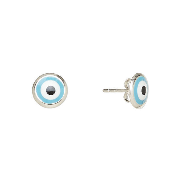 Earstud, enamel and sterling silver, turquoise blue / white / black, 8mm round with wards off the evil eye design and post. Sold per pair. image number 0